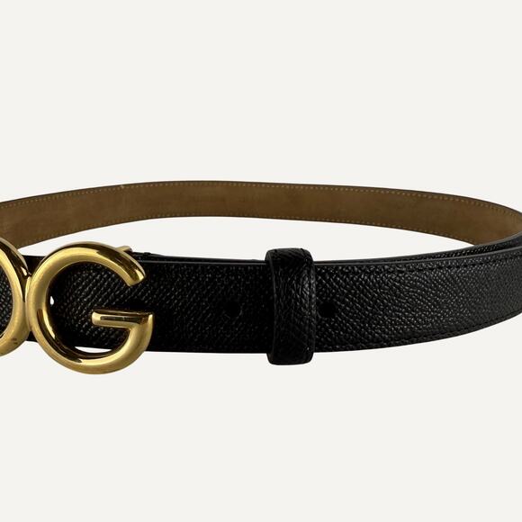 Dolce Gabbana Reversible Leather DG Logo Belt Black Tan Gold Buckle 30 Inch